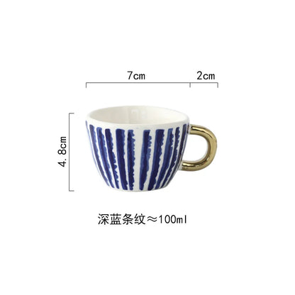 Nordic Luxury Mug Wide mouth with Gold Handle Hand Painted Geometric Ceramic Handmade Irregular Cups Milk Tea Oatmeal Coffee Mug