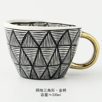 Nordic Luxury Mug Wide mouth with Gold Handle Hand Painted Geometric Ceramic Handmade Irregular Cups Milk Tea Oatmeal Coffee Mug