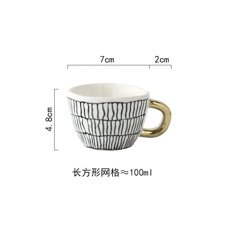 Nordic Luxury Mug Wide mouth with Gold Handle Hand Painted Geometric Ceramic Handmade Irregular Cups Milk Tea Oatmeal Coffee Mug