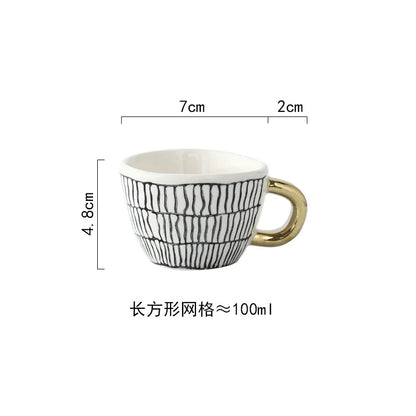 Nordic Luxury Mug Wide mouth with Gold Handle Hand Painted Geometric Ceramic Handmade Irregular Cups Milk Tea Oatmeal Coffee Mug