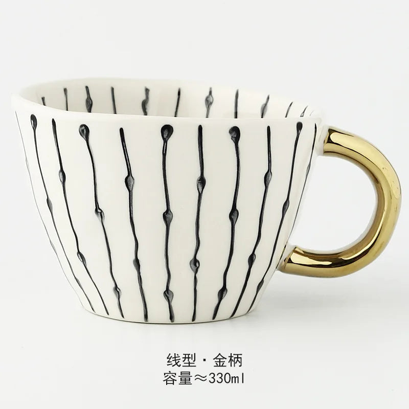 Nordic Luxury Mug Wide mouth with Gold Handle Hand Painted Geometric Ceramic Handmade Irregular Cups Milk Tea Oatmeal Coffee Mug