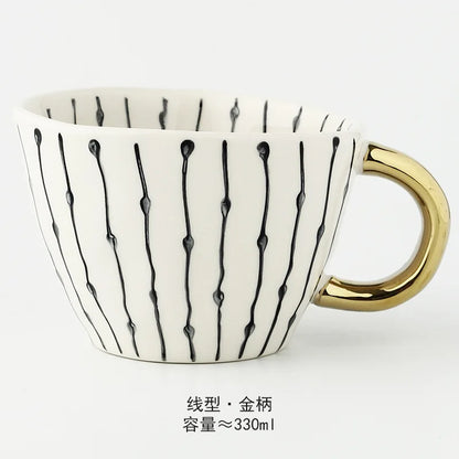 Nordic Luxury Mug Wide mouth with Gold Handle Hand Painted Geometric Ceramic Handmade Irregular Cups Milk Tea Oatmeal Coffee Mug