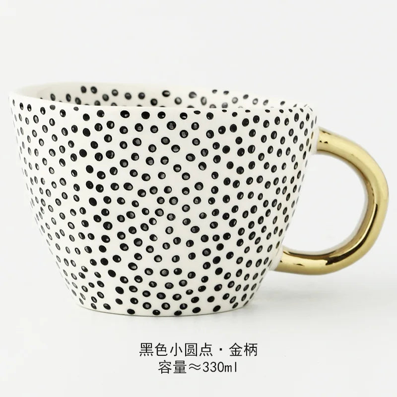 Nordic Luxury Mug Wide mouth with Gold Handle Hand Painted Geometric Ceramic Handmade Irregular Cups Milk Tea Oatmeal Coffee Mug