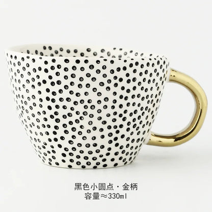 Nordic Luxury Mug Wide mouth with Gold Handle Hand Painted Geometric Ceramic Handmade Irregular Cups Milk Tea Oatmeal Coffee Mug
