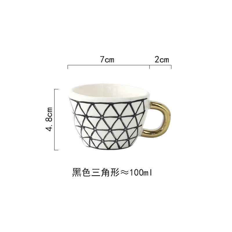 Nordic Luxury Mug Wide mouth with Gold Handle Hand Painted Geometric Ceramic Handmade Irregular Cups Milk Tea Oatmeal Coffee Mug