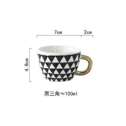 Nordic Luxury Mug Wide mouth with Gold Handle Hand Painted Geometric Ceramic Handmade Irregular Cups Milk Tea Oatmeal Coffee Mug