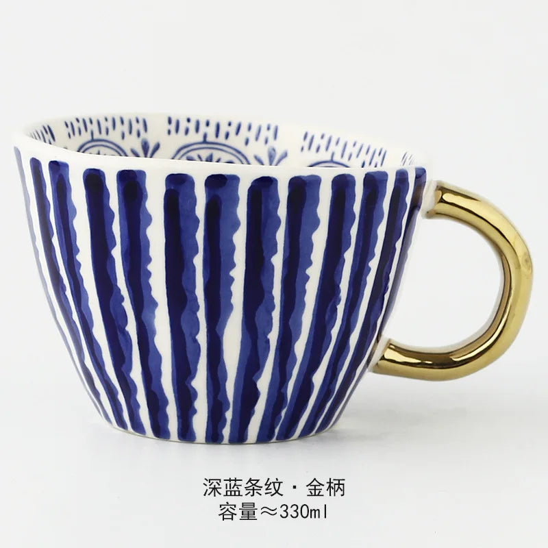 Nordic Luxury Mug Wide mouth with Gold Handle Hand Painted Geometric Ceramic Handmade Irregular Cups Milk Tea Oatmeal Coffee Mug