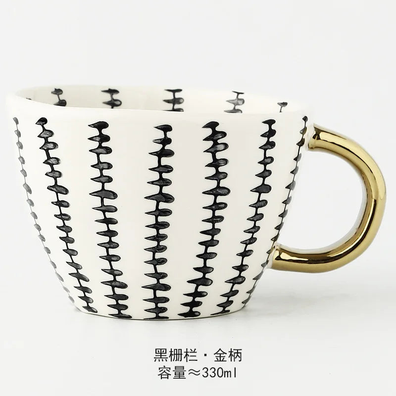 Nordic Luxury Mug Wide mouth with Gold Handle Hand Painted Geometric Ceramic Handmade Irregular Cups Milk Tea Oatmeal Coffee Mug