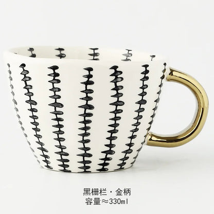 Nordic Luxury Mug Wide mouth with Gold Handle Hand Painted Geometric Ceramic Handmade Irregular Cups Milk Tea Oatmeal Coffee Mug