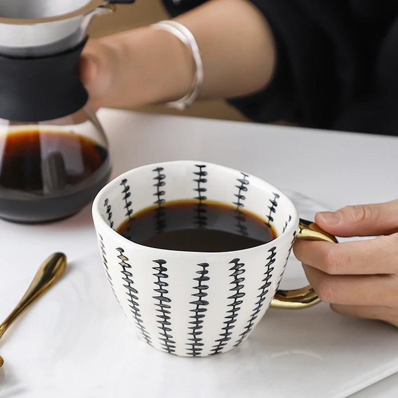 Nordic Luxury Mug Wide mouth with Gold Handle Hand Painted Geometric Ceramic Handmade Irregular Cups Milk Tea Oatmeal Coffee Mug