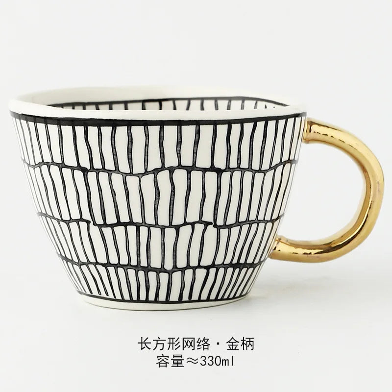 Nordic Luxury Mug Wide mouth with Gold Handle Hand Painted Geometric Ceramic Handmade Irregular Cups Milk Tea Oatmeal Coffee Mug