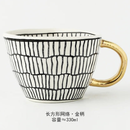 Nordic Luxury Mug Wide mouth with Gold Handle Hand Painted Geometric Ceramic Handmade Irregular Cups Milk Tea Oatmeal Coffee Mug