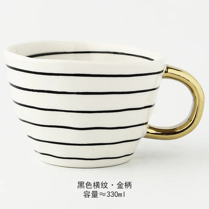 Nordic Luxury Mug Wide mouth with Gold Handle Hand Painted Geometric Ceramic Handmade Irregular Cups Milk Tea Oatmeal Coffee Mug