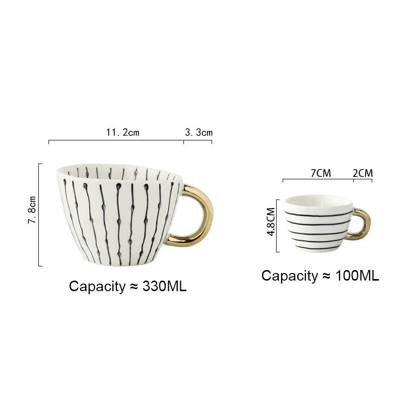 Nordic Luxury Mug Wide mouth with Gold Handle Hand Painted Geometric Ceramic Handmade Irregular Cups Milk Tea Oatmeal Coffee Mug