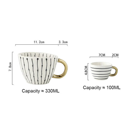 Nordic Luxury Mug Wide mouth with Gold Handle Hand Painted Geometric Ceramic Handmade Irregular Cups Milk Tea Oatmeal Coffee Mug