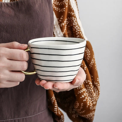 Nordic Luxury Mug Wide mouth with Gold Handle Hand Painted Geometric Ceramic Handmade Irregular Cups Milk Tea Oatmeal Coffee Mug
