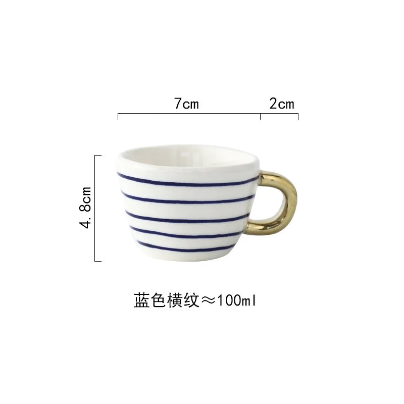 Nordic Luxury Mug Wide mouth with Gold Handle Hand Painted Geometric Ceramic Handmade Irregular Cups Milk Tea Oatmeal Coffee Mug