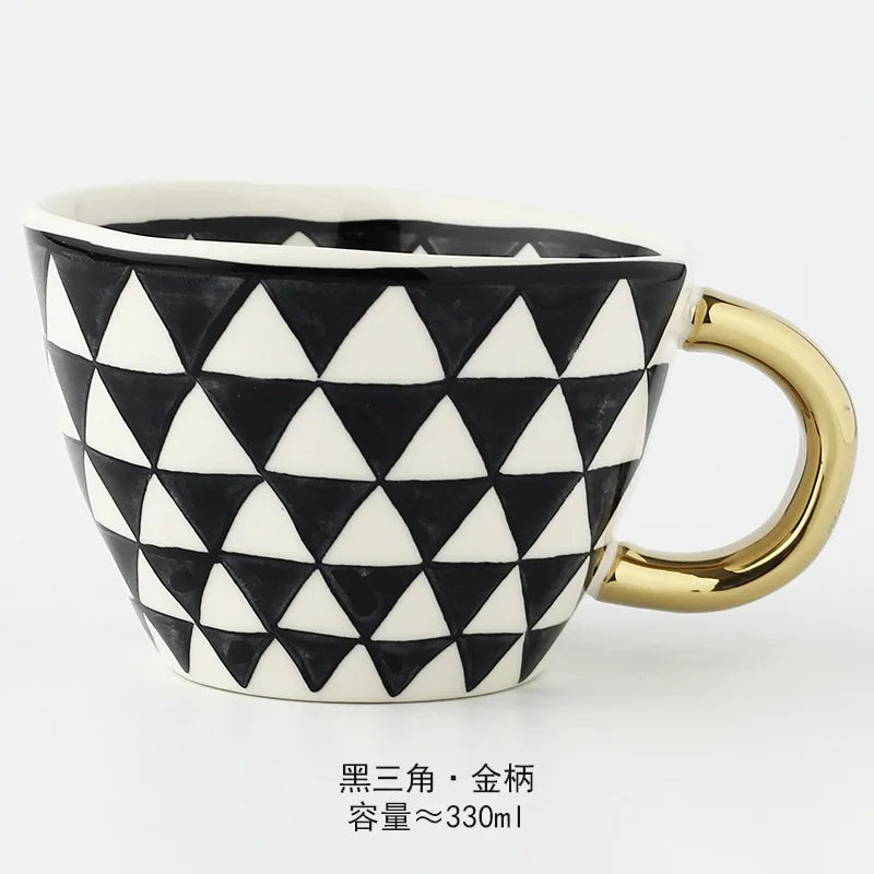 Nordic Luxury Mug Wide mouth with Gold Handle Hand Painted Geometric Ceramic Handmade Irregular Cups Milk Tea Oatmeal Coffee Mug