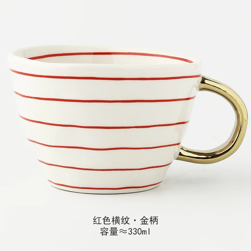 Nordic Luxury Mug Wide mouth with Gold Handle Hand Painted Geometric Ceramic Handmade Irregular Cups Milk Tea Oatmeal Coffee Mug