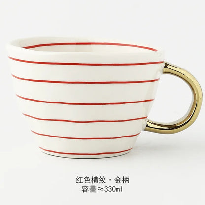 Nordic Luxury Mug Wide mouth with Gold Handle Hand Painted Geometric Ceramic Handmade Irregular Cups Milk Tea Oatmeal Coffee Mug