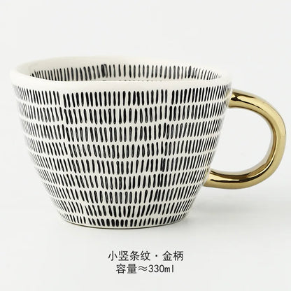 Nordic Luxury Mug Wide mouth with Gold Handle Hand Painted Geometric Ceramic Handmade Irregular Cups Milk Tea Oatmeal Coffee Mug