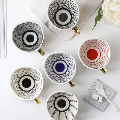 Nordic Luxury Mug Wide mouth with Gold Handle Hand Painted Geometric Ceramic Handmade Irregular Cups Milk Tea Oatmeal Coffee Mug