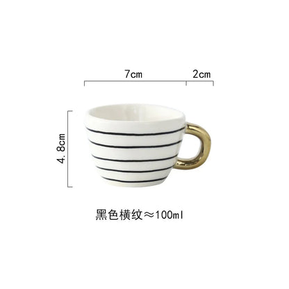 Nordic Luxury Mug Wide mouth with Gold Handle Hand Painted Geometric Ceramic Handmade Irregular Cups Milk Tea Oatmeal Coffee Mug