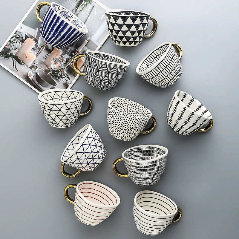 Nordic Luxury Mug Wide mouth with Gold Handle Hand Painted Geometric Ceramic Handmade Irregular Cups Milk Tea Oatmeal Coffee Mug