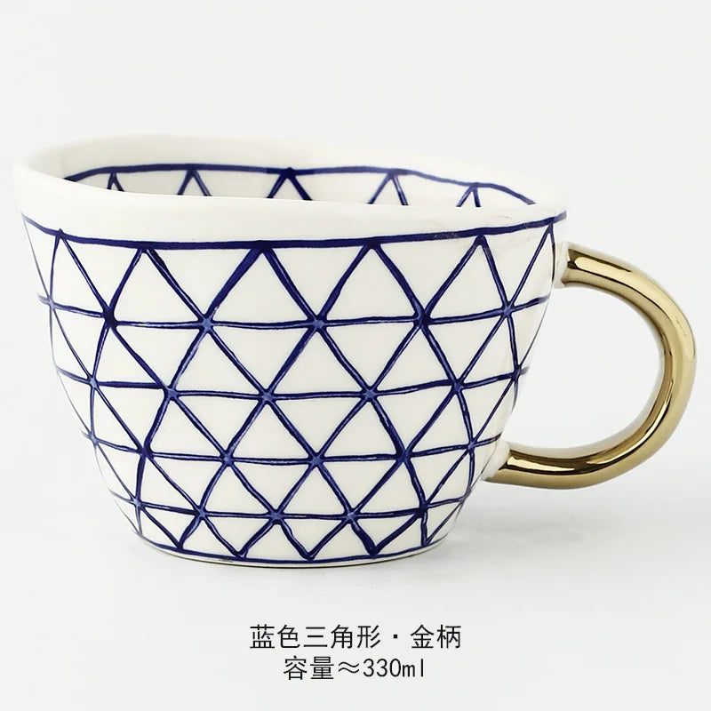 Nordic Luxury Mug Wide mouth with Gold Handle Hand Painted Geometric Ceramic Handmade Irregular Cups Milk Tea Oatmeal Coffee Mug