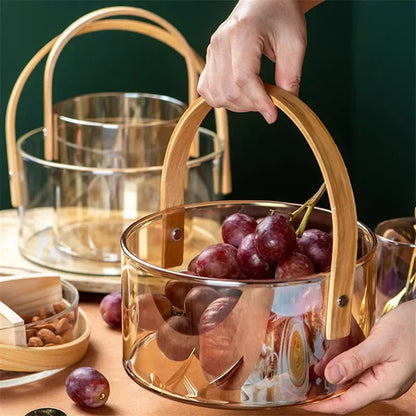 Nordic Portable Glass Fruit Plate Transparent Ice Wine Bucket Salad Bowl Household Snack Fruit Storage Basket with Wooden Handle