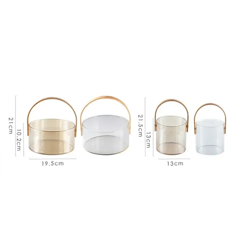 Nordic Portable Glass Fruit Plate Transparent Ice Wine Bucket Salad Bowl Household Snack Fruit Storage Basket with Wooden Handle
