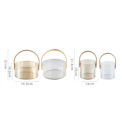 Nordic Portable Glass Fruit Plate Transparent Ice Wine Bucket Salad Bowl Household Snack Fruit Storage Basket with Wooden Handle