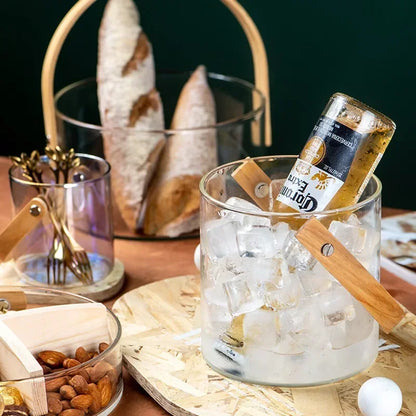 Nordic Portable Glass Fruit Plate Transparent Ice Wine Bucket Salad Bowl Household Snack Fruit Storage Basket with Wooden Handle