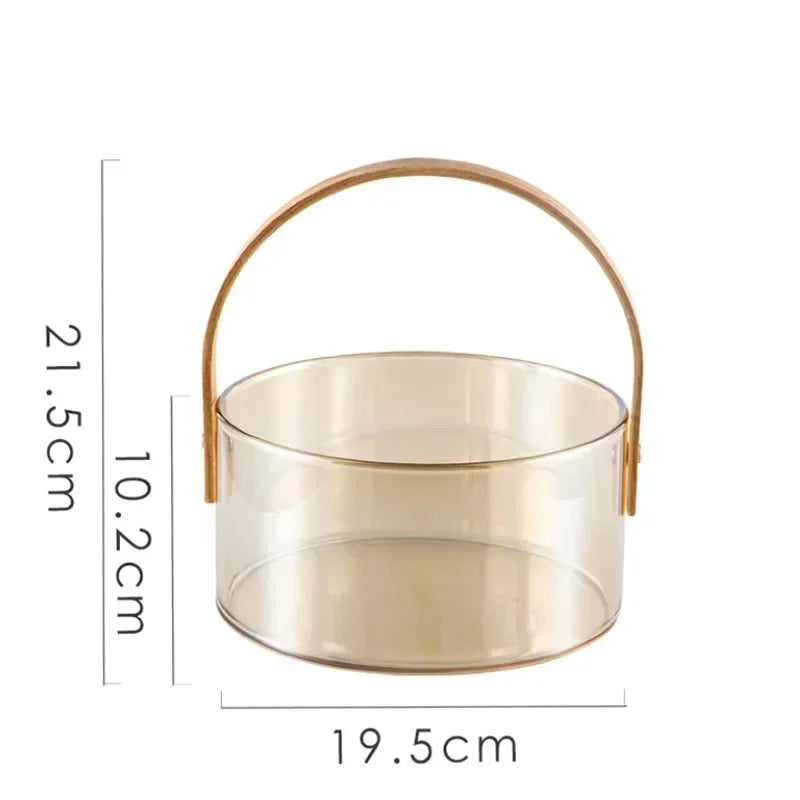 Nordic Portable Glass Fruit Plate Transparent Ice Wine Bucket Salad Bowl Household Snack Fruit Storage Basket with Wooden Handle