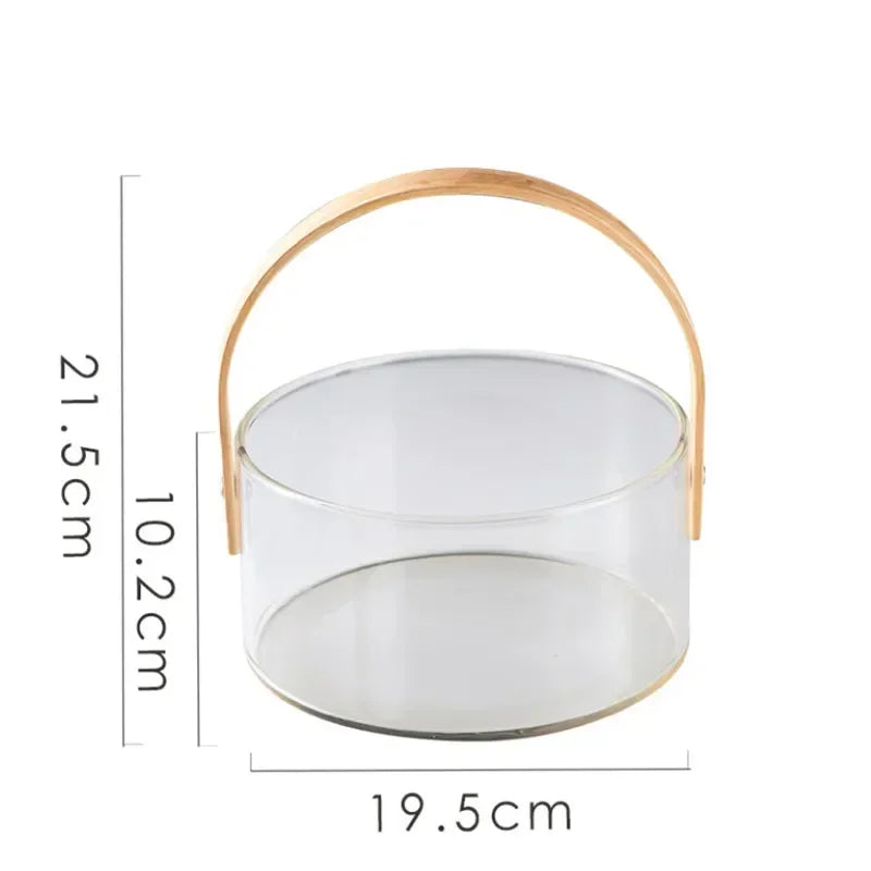 Nordic Portable Glass Fruit Plate Transparent Ice Wine Bucket Salad Bowl Household Snack Fruit Storage Basket with Wooden Handle