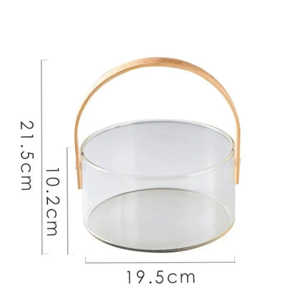 Nordic Portable Glass Fruit Plate Transparent Ice Wine Bucket Salad Bowl Household Snack Fruit Storage Basket with Wooden Handle