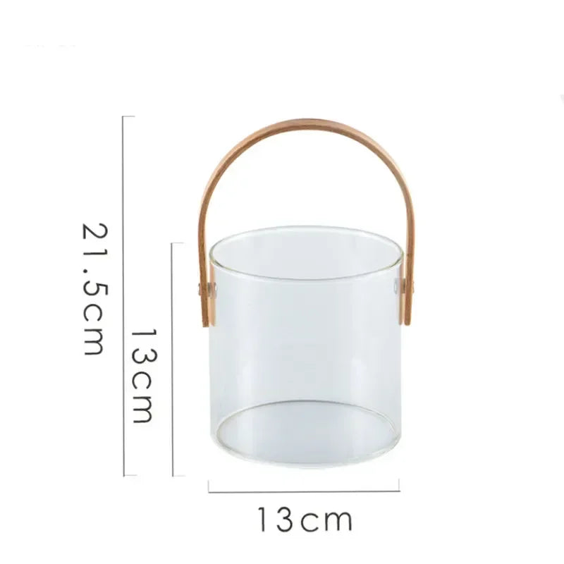 Nordic Portable Glass Fruit Plate Transparent Ice Wine Bucket Salad Bowl Household Snack Fruit Storage Basket with Wooden Handle