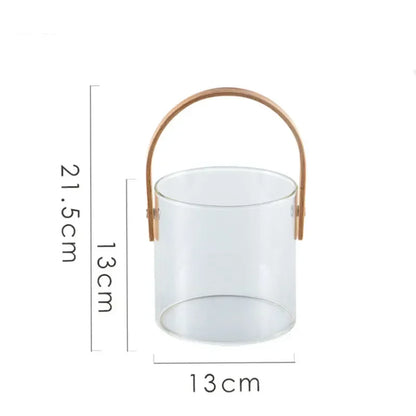 Nordic Portable Glass Fruit Plate Transparent Ice Wine Bucket Salad Bowl Household Snack Fruit Storage Basket with Wooden Handle