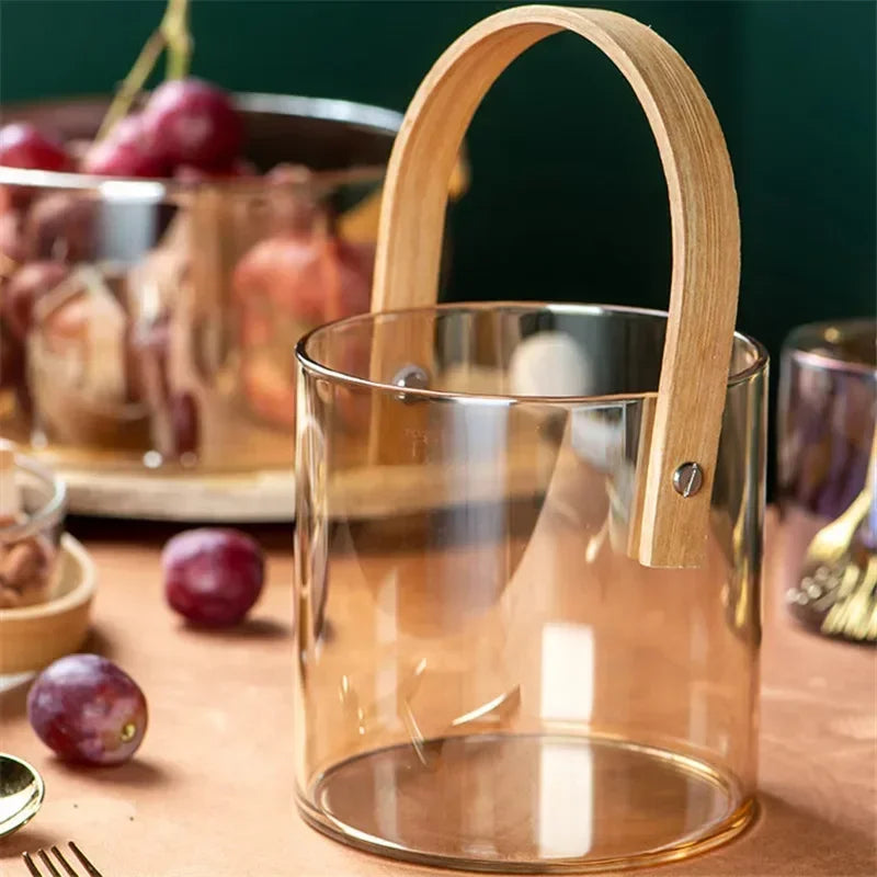 Nordic Portable Glass Fruit Plate Transparent Ice Wine Bucket Salad Bowl Household Snack Fruit Storage Basket with Wooden Handle