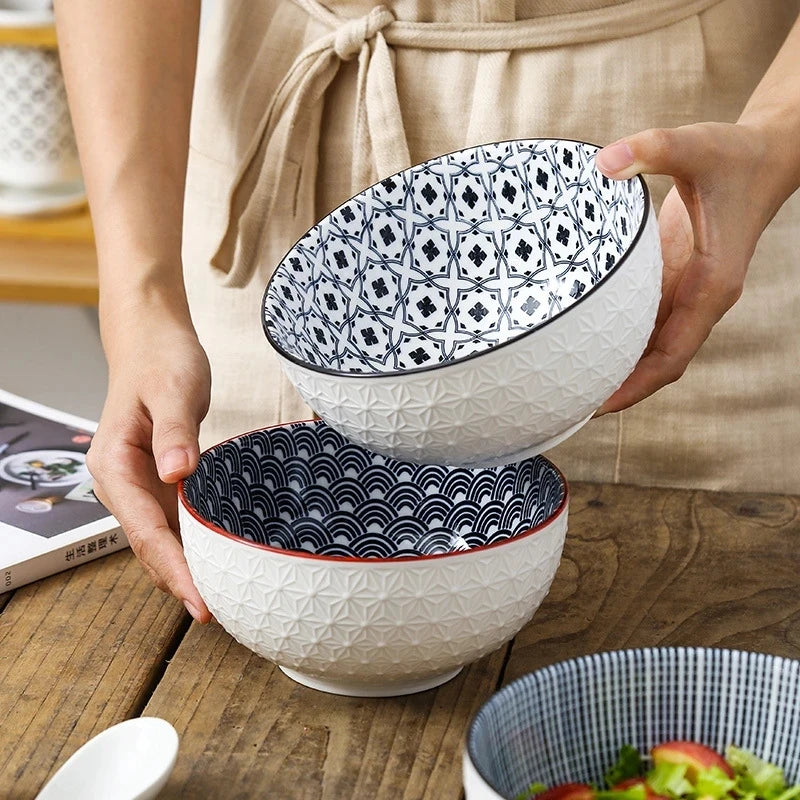 Nordic Style 6Inch Tableware Bowls Ceramic Home Hand Painted Instant Noodle Soup Restaurant Simple Creative Embossed Ramen Bowl