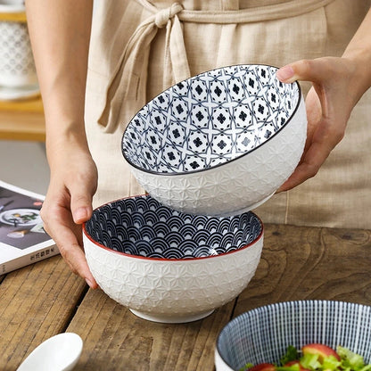 Nordic Style 6Inch Tableware Bowls Ceramic Home Hand Painted Instant Noodle Soup Restaurant Simple Creative Embossed Ramen Bowl