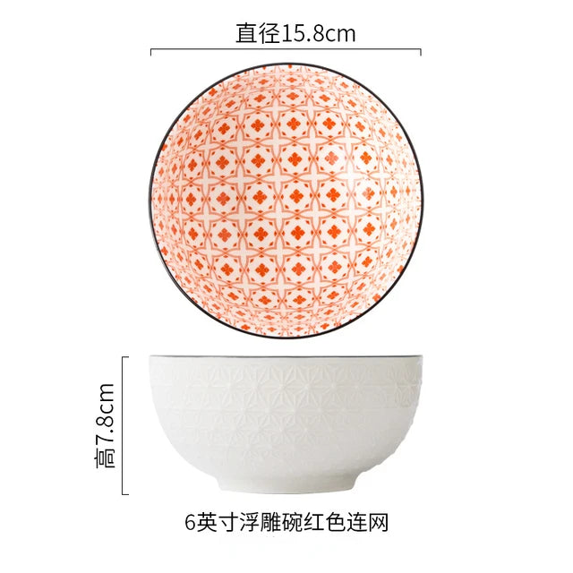 Nordic Style 6Inch Tableware Bowls Ceramic Home Hand Painted Instant Noodle Soup Restaurant Simple Creative Embossed Ramen Bowl