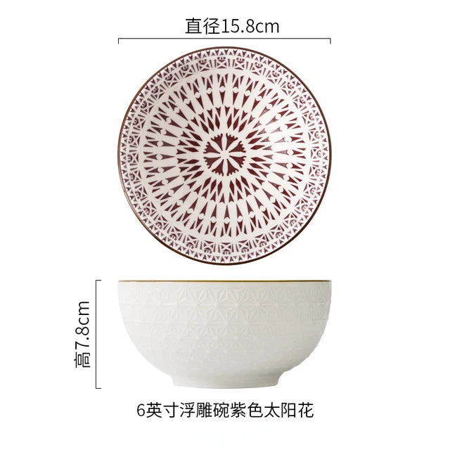 Nordic Style 6Inch Tableware Bowls Ceramic Home Hand Painted Instant Noodle Soup Restaurant Simple Creative Embossed Ramen Bowl