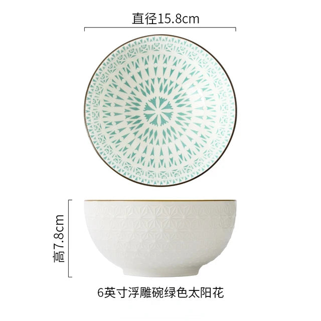 Nordic Style 6Inch Tableware Bowls Ceramic Home Hand Painted Instant Noodle Soup Restaurant Simple Creative Embossed Ramen Bowl