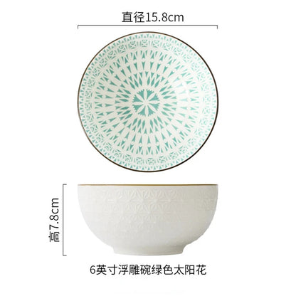 Nordic Style 6Inch Tableware Bowls Ceramic Home Hand Painted Instant Noodle Soup Restaurant Simple Creative Embossed Ramen Bowl