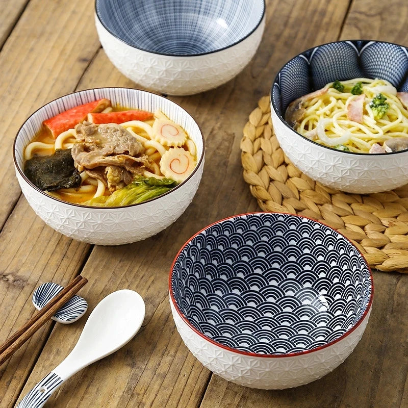 Nordic Style 6Inch Tableware Bowls Ceramic Home Hand Painted Instant Noodle Soup Restaurant Simple Creative Embossed Ramen Bowl