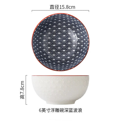 Nordic Style 6Inch Tableware Bowls Ceramic Home Hand Painted Instant Noodle Soup Restaurant Simple Creative Embossed Ramen Bowl
