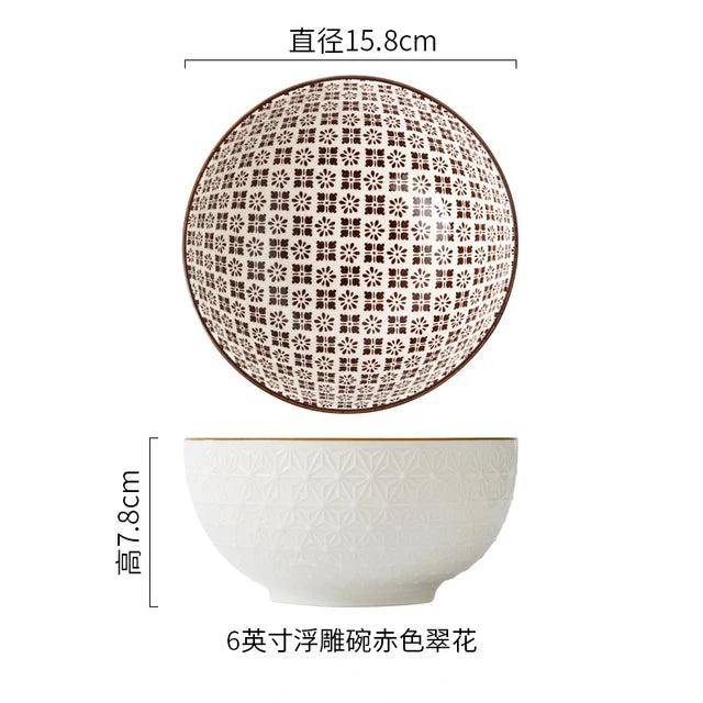 Nordic Style 6Inch Tableware Bowls Ceramic Home Hand Painted Instant Noodle Soup Restaurant Simple Creative Embossed Ramen Bowl