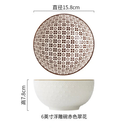 Nordic Style 6Inch Tableware Bowls Ceramic Home Hand Painted Instant Noodle Soup Restaurant Simple Creative Embossed Ramen Bowl