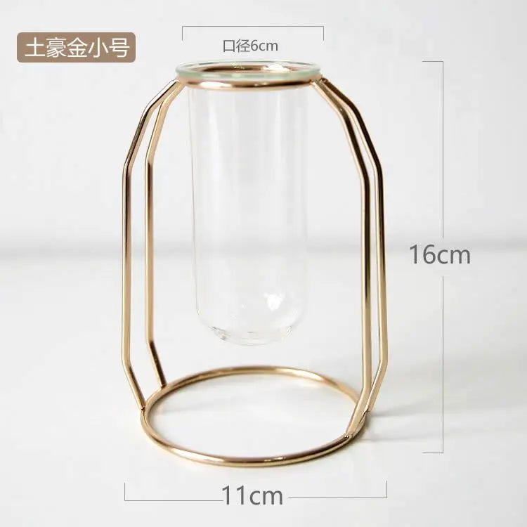 Nordic Style Glass Flower Pot Iron Art Vase Rose Gold Hanging Test Tube Flower Vases Home Office Decoration Desk Flowerpots